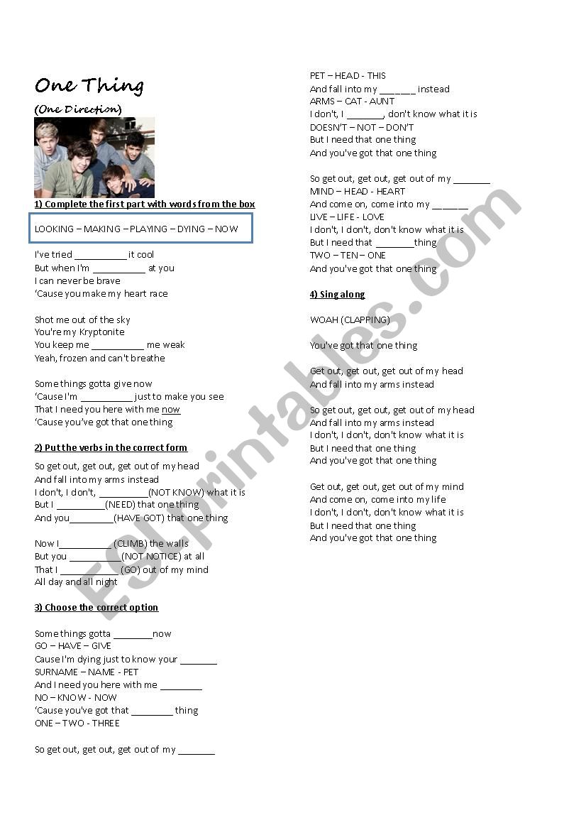 One Thing Song Worksheet worksheet