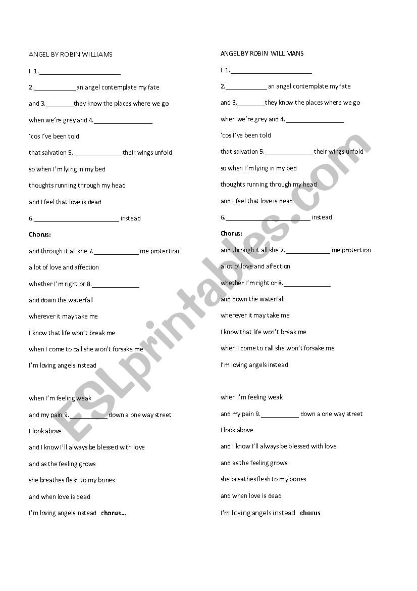 Angel by Robbin Williams worksheet