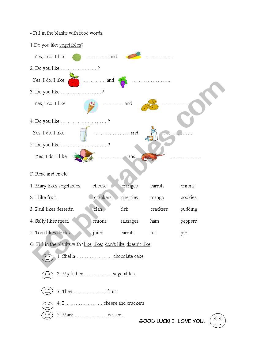 food worksheet