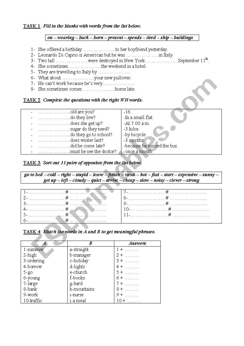 Language activities worksheet