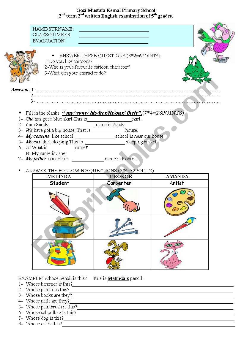 possesive adjectives worksheet