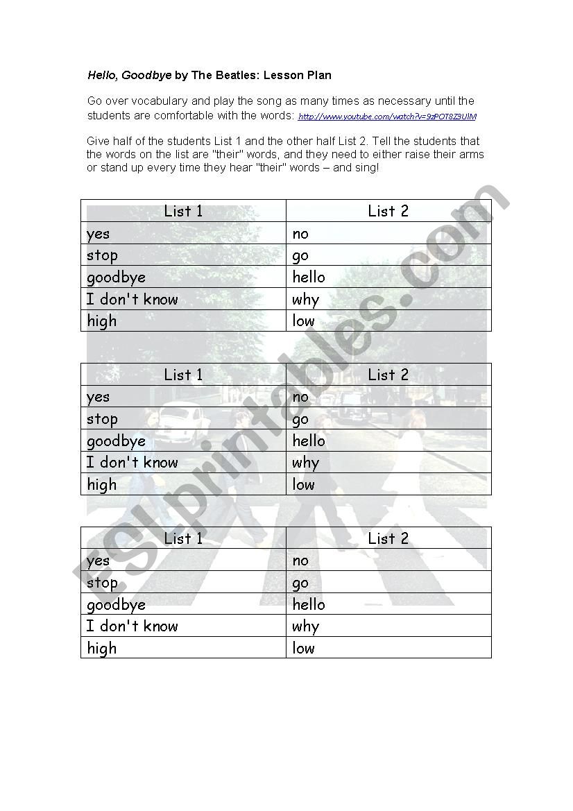 Hello, Goodbye by The Beatles worksheet