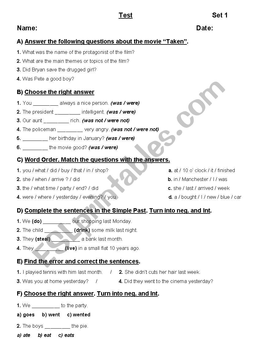 TEST PAST SIMPLE worksheet