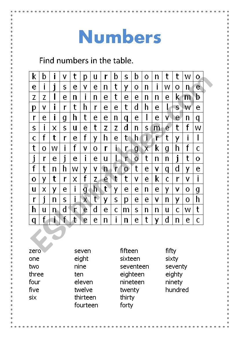numbers wordsearch worksheet