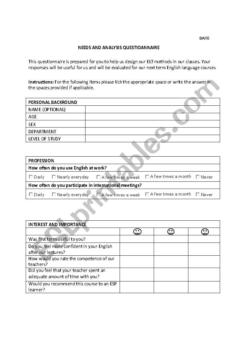 Needs Analysis - ESL worksheet by Kikurjo Inside Written Document Analysis Worksheet Answers