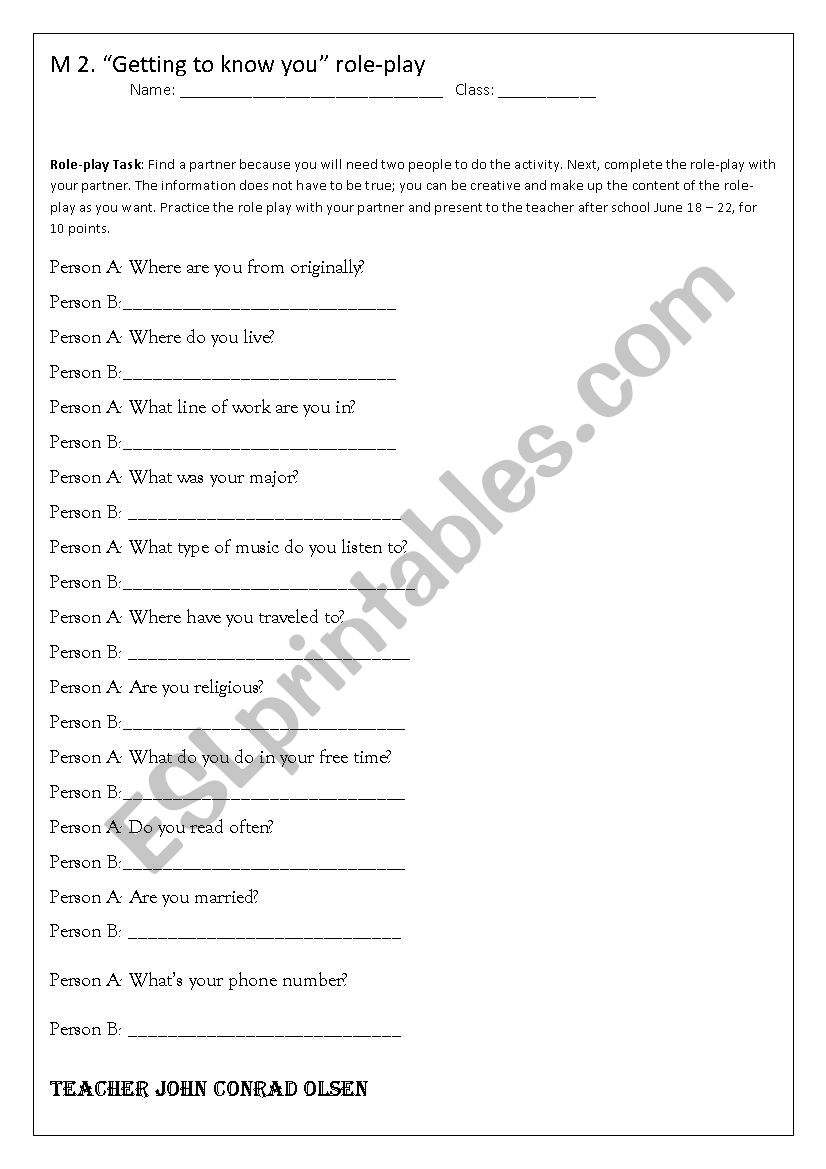 Getting to know you role play worksheet