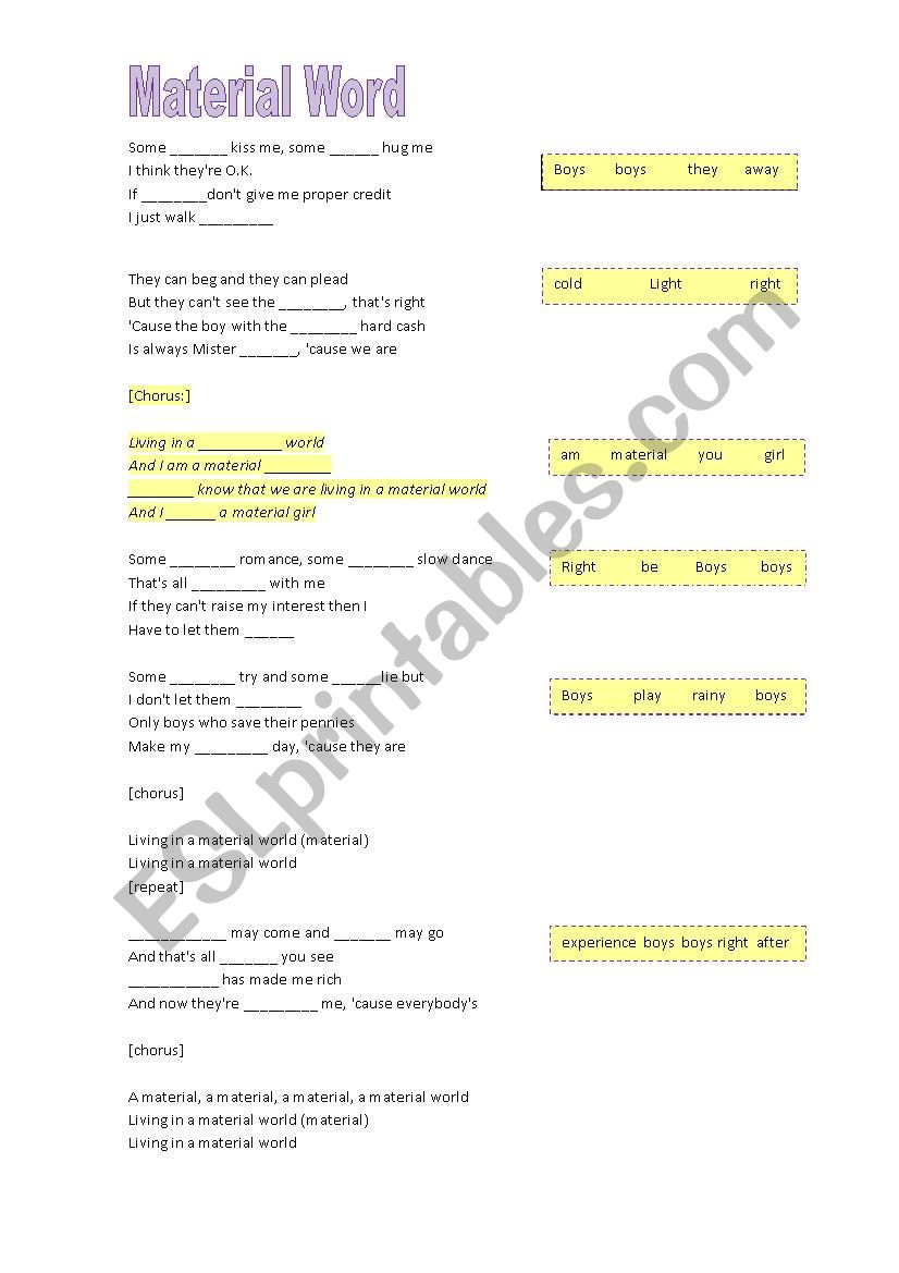 Material Girl - Madonna worksheet