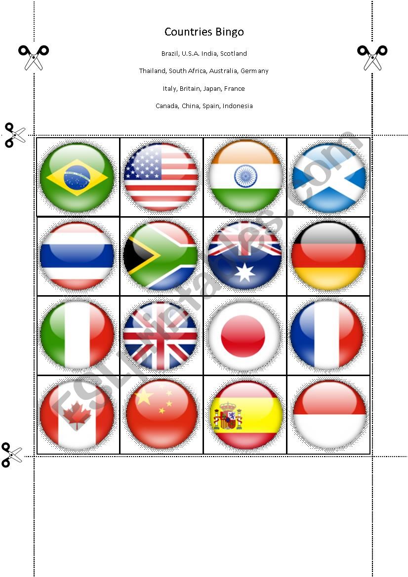 Countries Bingo Part Seven worksheet