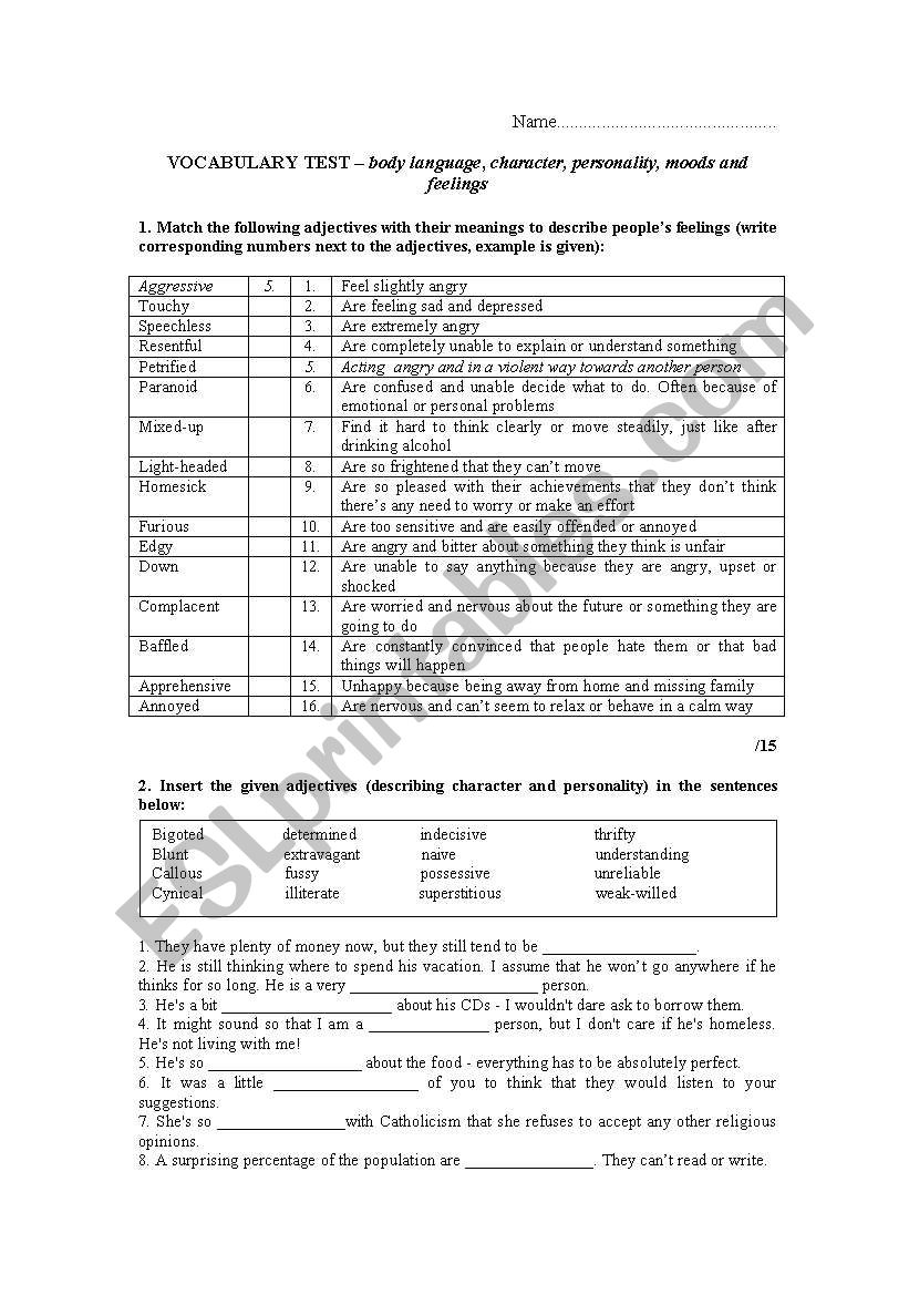 Word test - feelings, character, moods