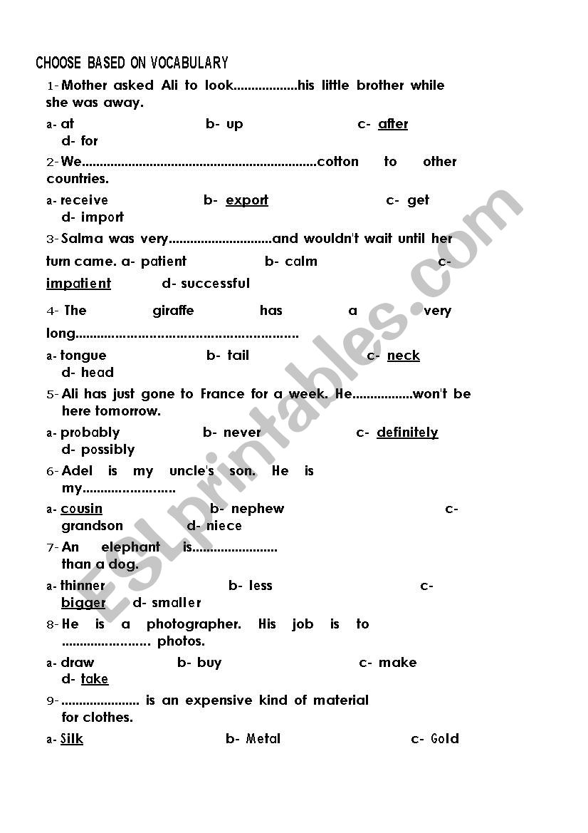 choose based on vocabulary part 1