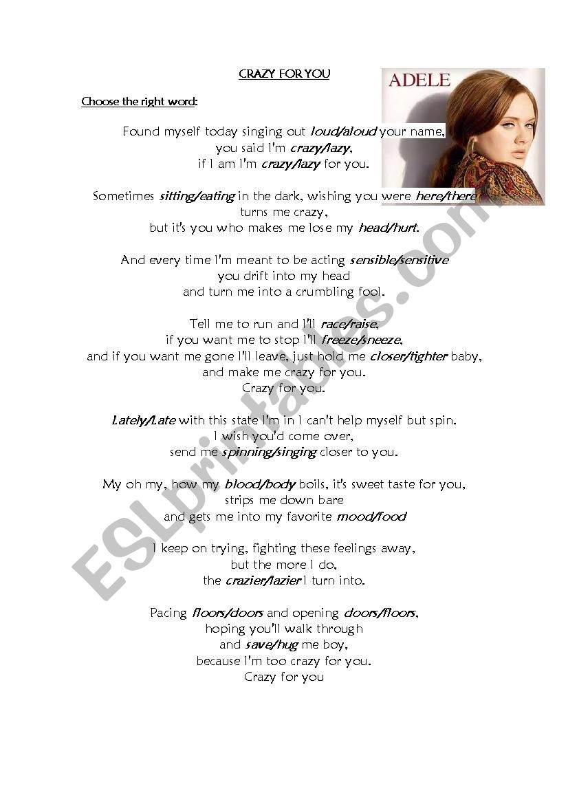 Crazy for you - Adele worksheet