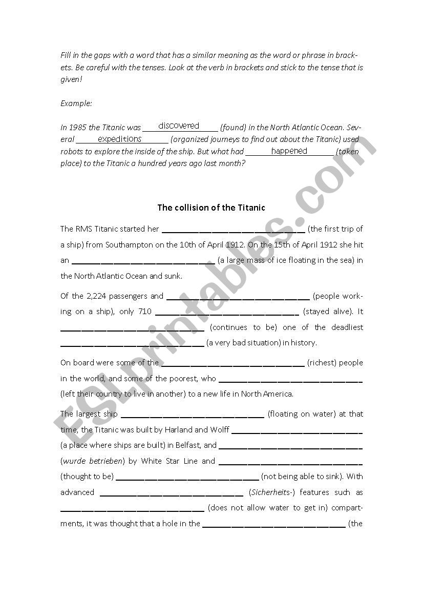 The collision of the Titanic worksheet