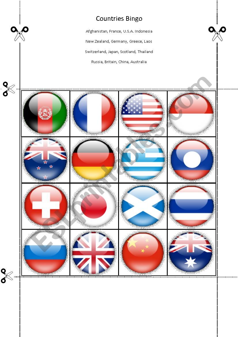 Countries Bingo Part 10 worksheet