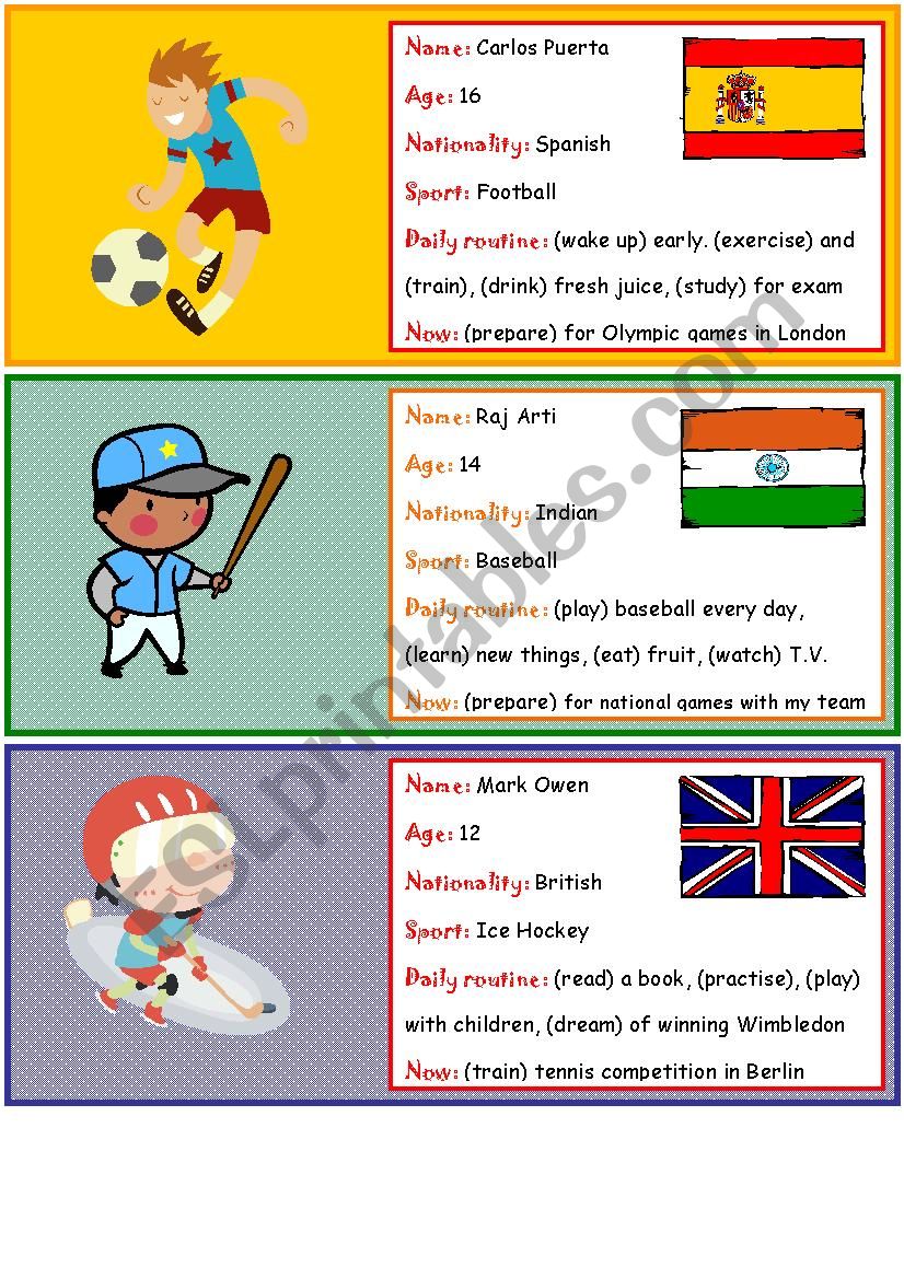 Role play cards on sports worksheet