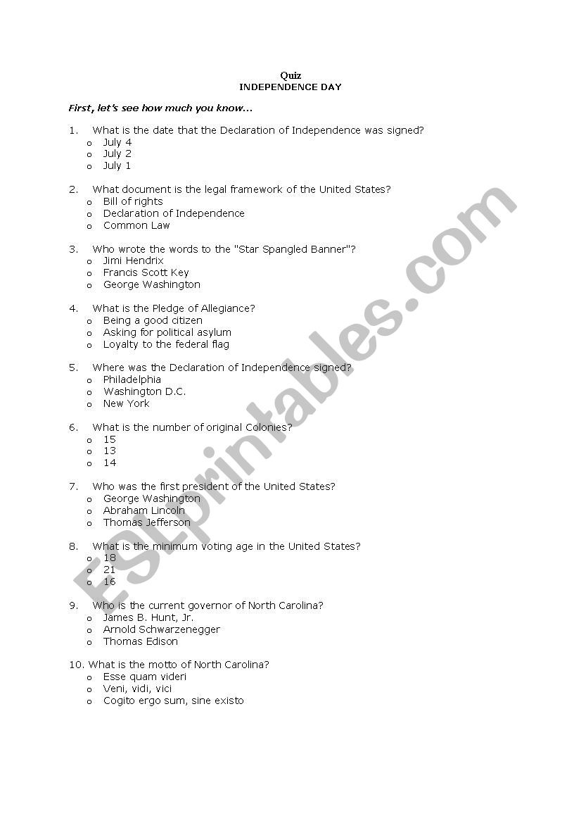 Independence Day Quiz, matching exercise and production