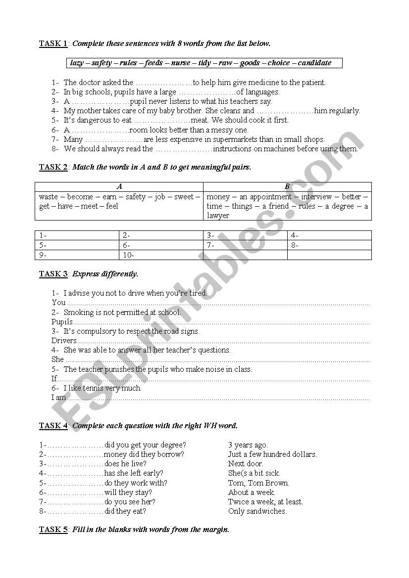 Language activities worksheet