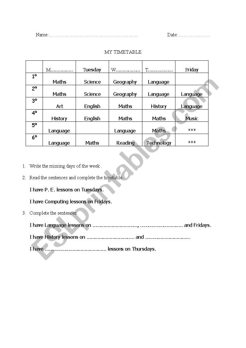 My timetable worksheet