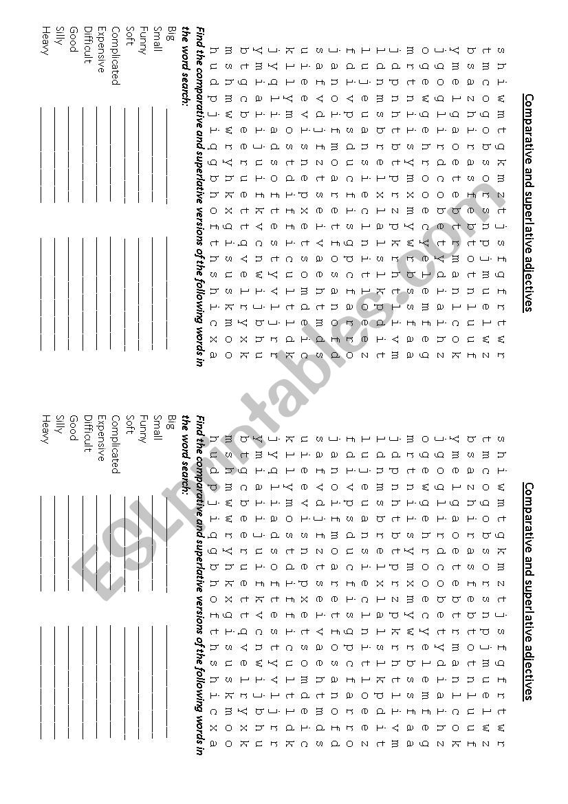 Comparitive and superlative Adjectives word search