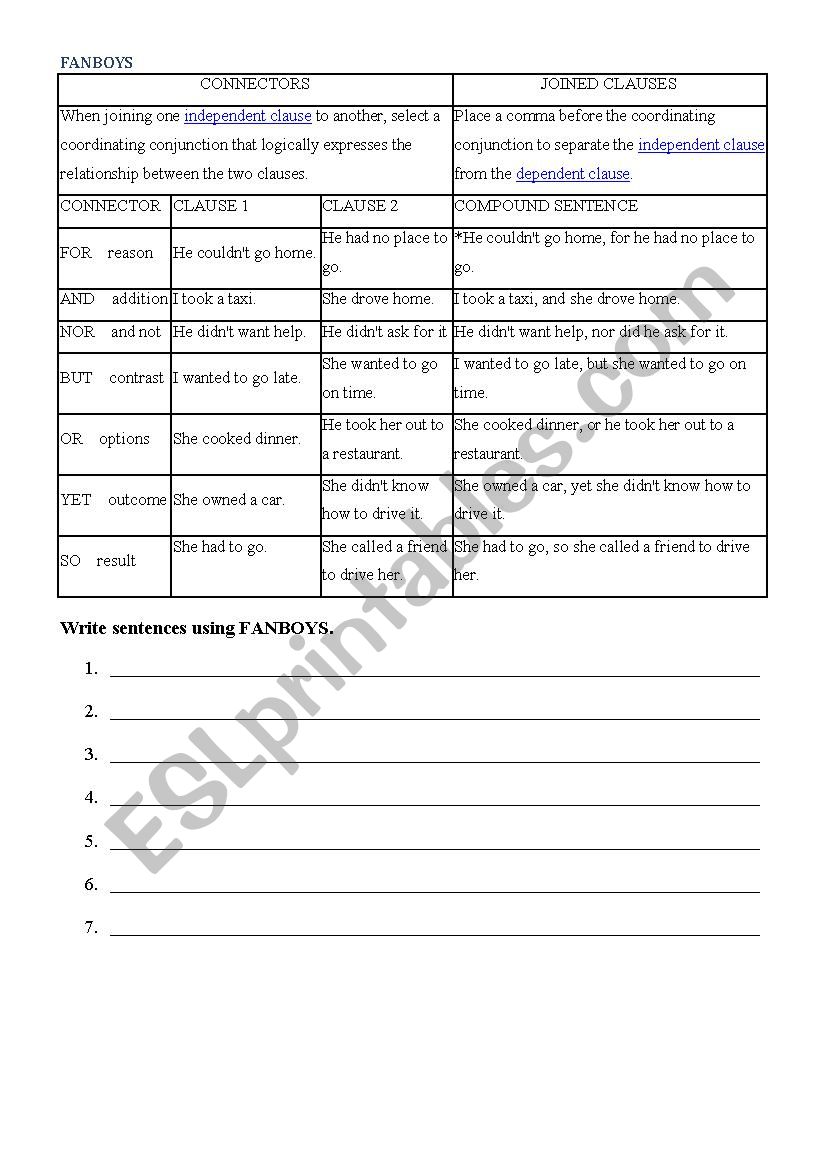 FANBOYS worksheet