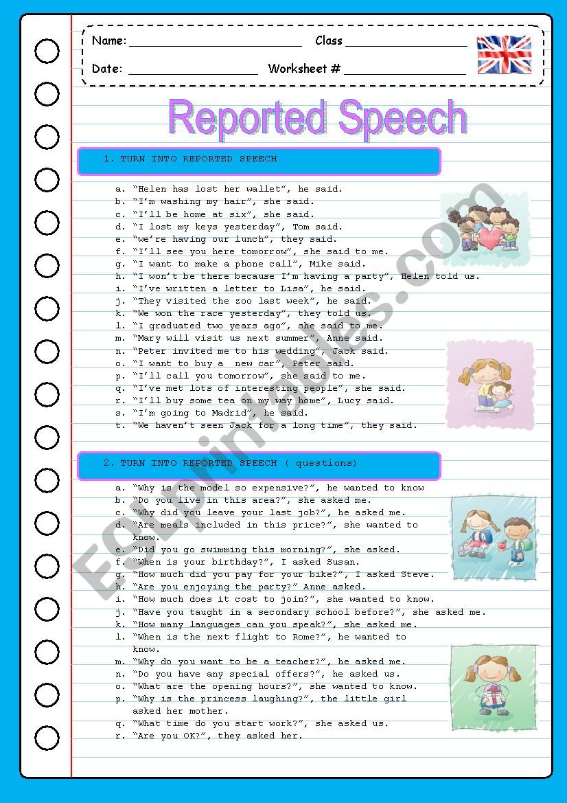 worksheet of reported speech class 7