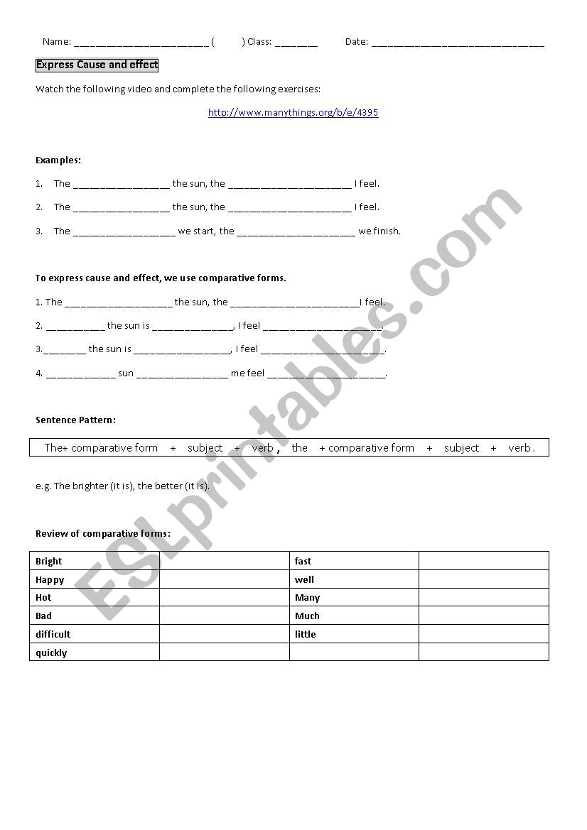 express cause and effect worksheet