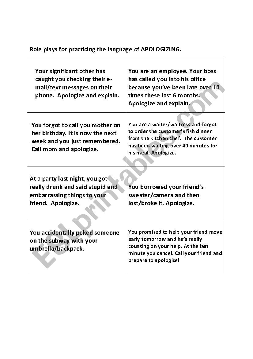 Role plays for apologizing worksheet