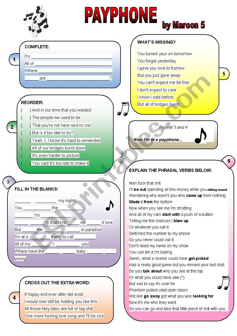 Payphone - Maroon 5 worksheet