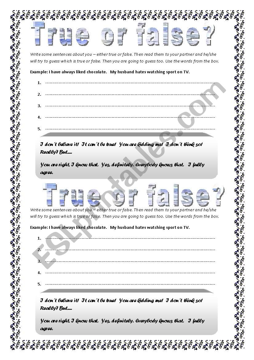 True or false ? worksheet