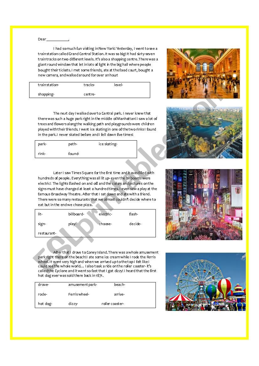 Past Simple Worksheet New York Attractions+ Homework sheet