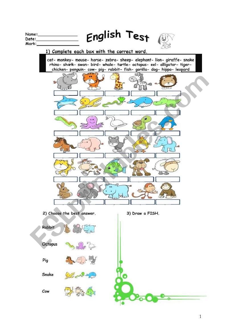 ANIMALS TEST(3 pages with key)