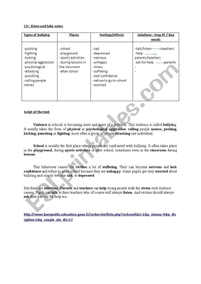 BULLYING  / 3rd ws  worksheet