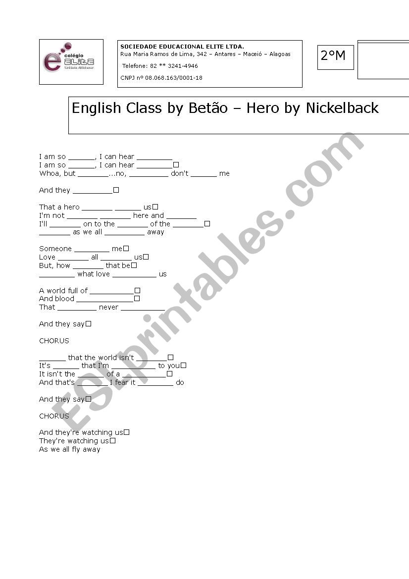 HERO by Nickelback worksheet