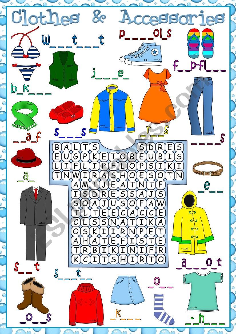 Clothes and accessories - wordsearch
