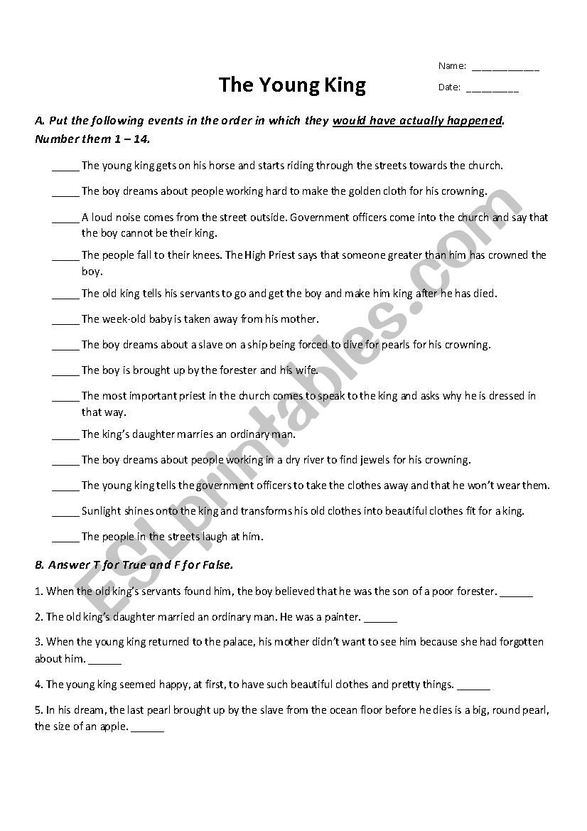 The Young King by Oscar Wilde (PENGUIN ACTIVE READER - LEVEL 3) WORKSHEET