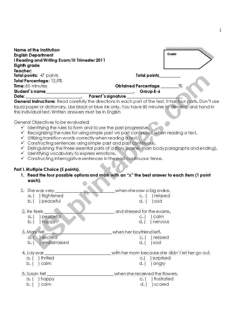 Eight Grade Test: Past Simple / Past Progressive / transition words / three essential parts of a story / emotions + Key