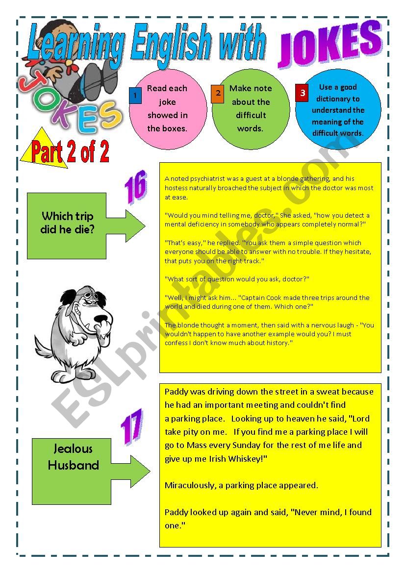 JOKES - LEARNING ENGLISH WITH JOKES - (Part 2 of 2) - 18 Pages with 30 jokes + Exercises and instructions/Game and 6 Extra activities