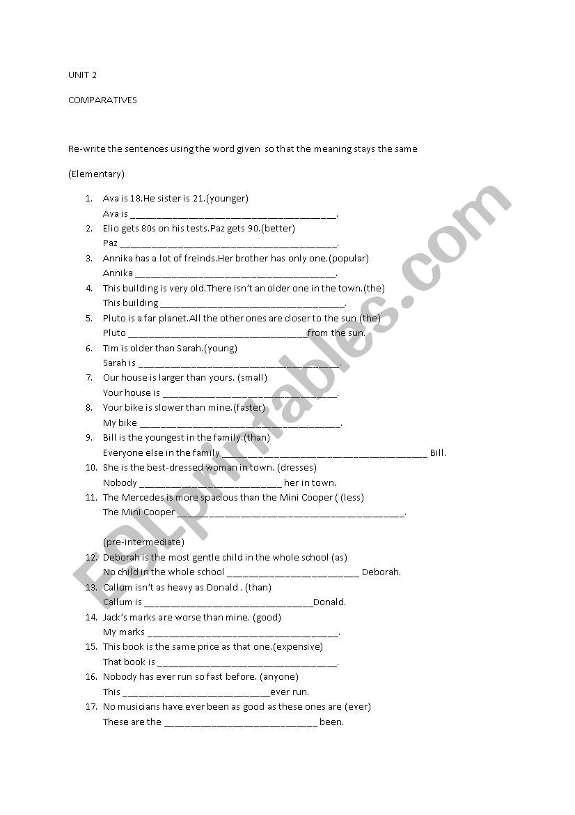 RE-WRITE WORKSHEET ON COMPARATIVE - SUPERLATIVES