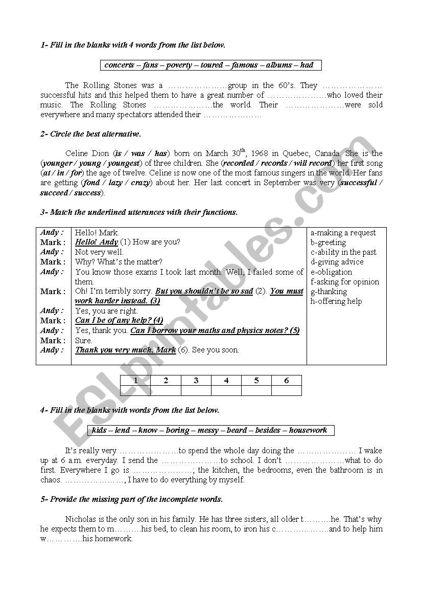 Language activities worksheet