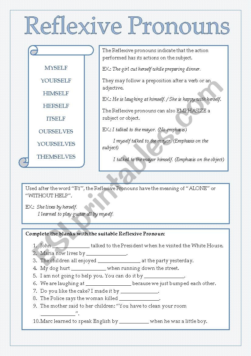 Reflexive Pronouns (explanation and exercise - 1 page)