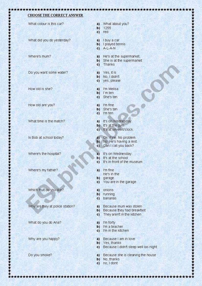 CHOOSE THE CORRECT ANSWER   worksheet