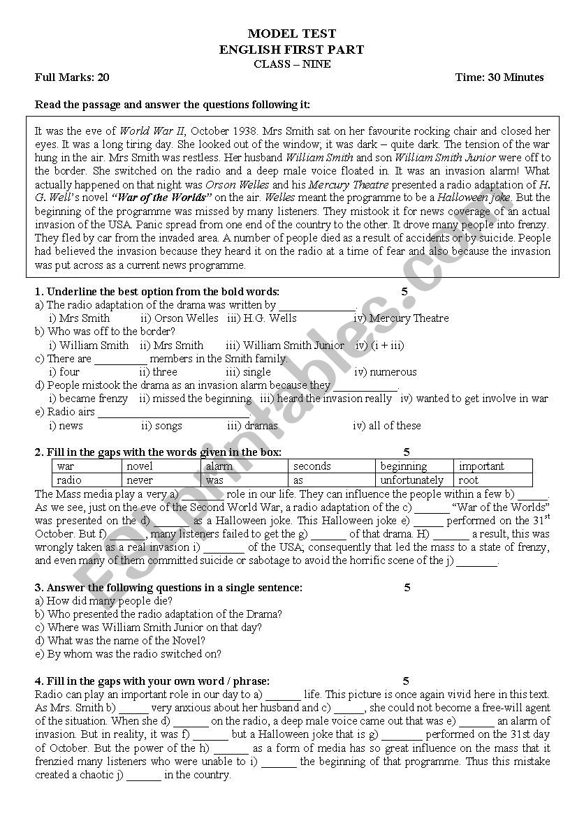 Reading Comprehansion Test worksheet