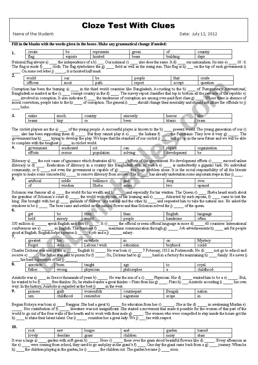 Cloze Test with Clues worksheet