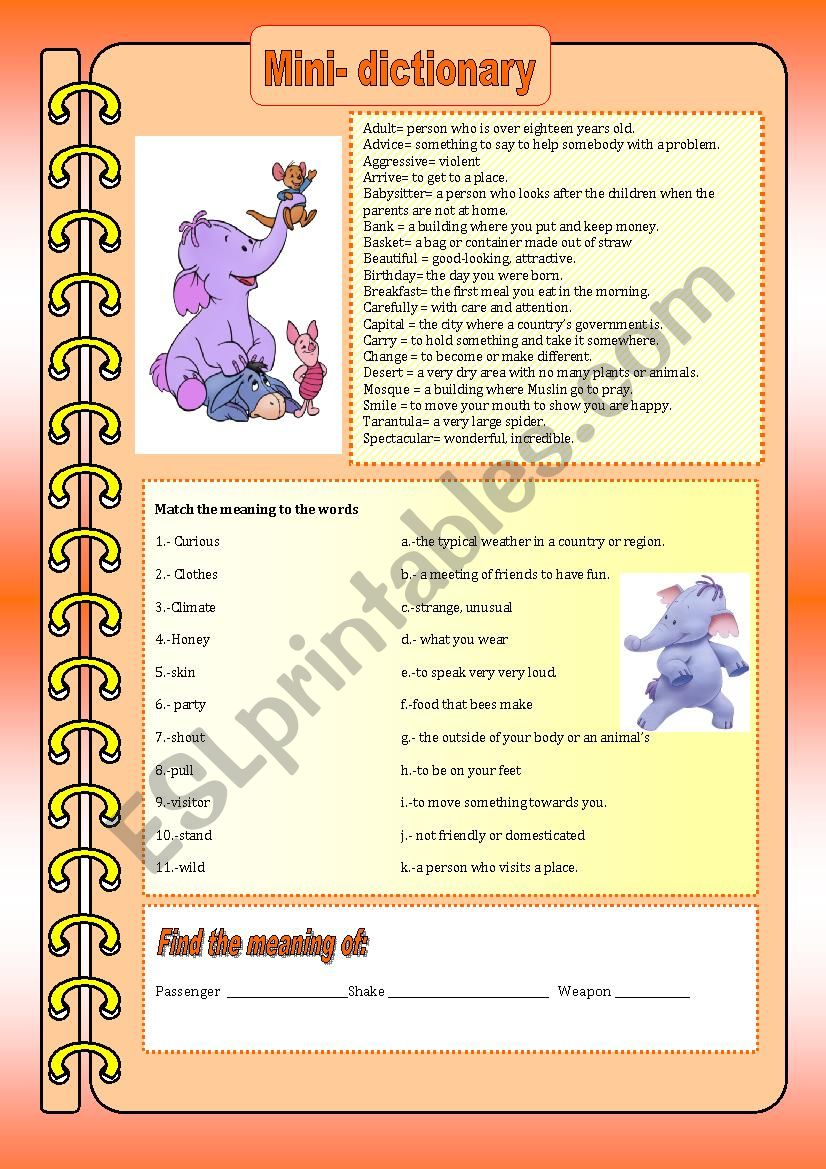 MINI DICTIONARY worksheet