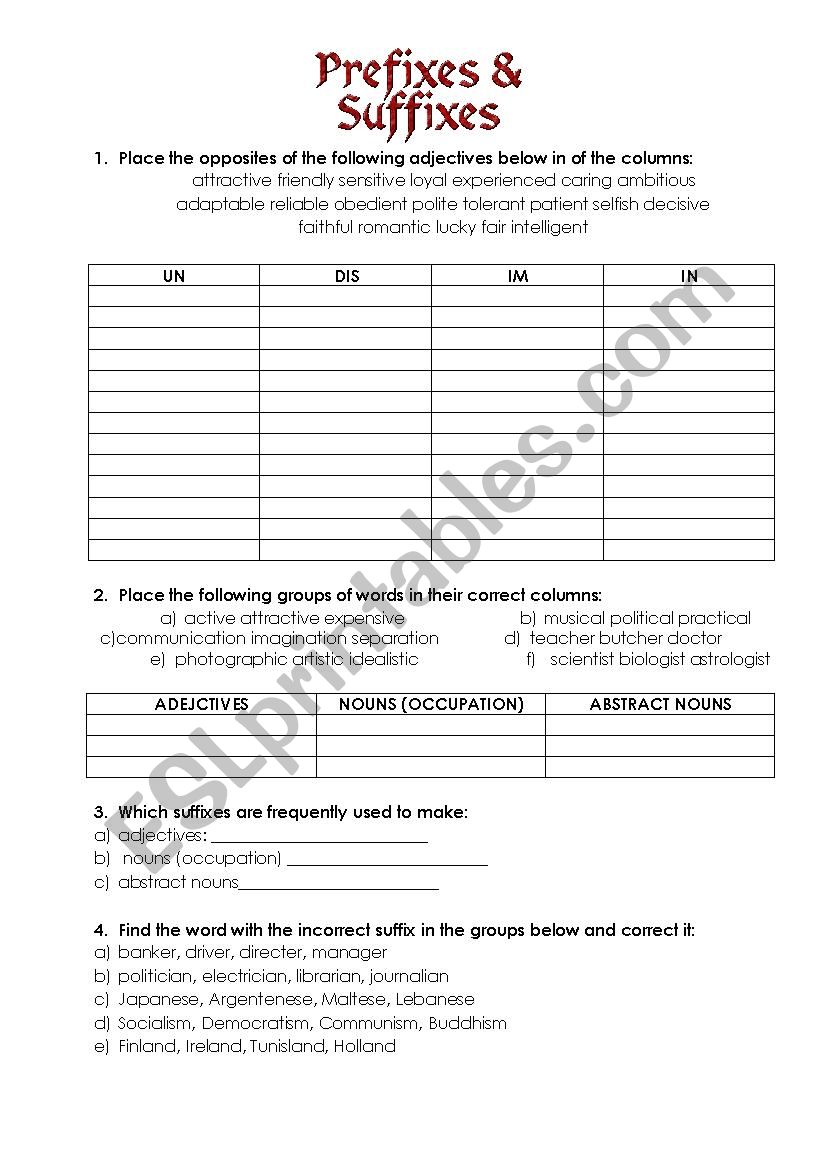 Prefixes and suffixes worksheet