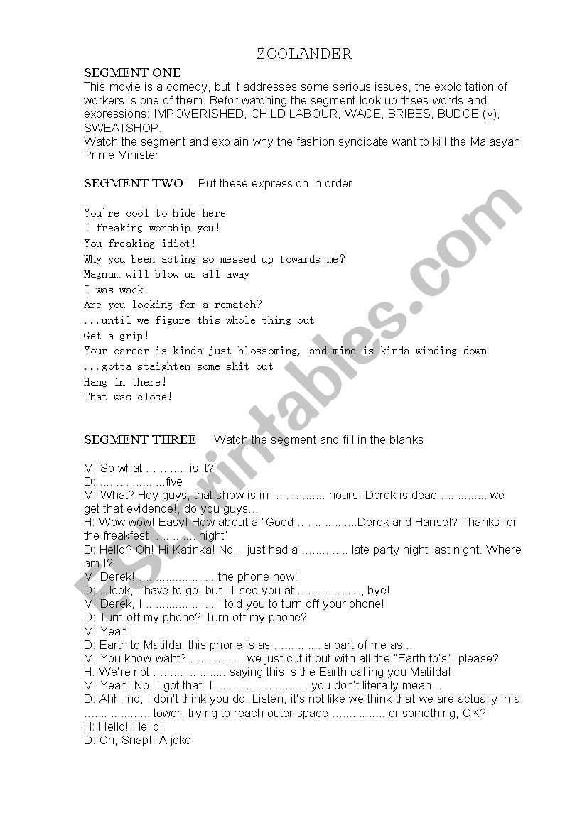 Zoolander worksheet worksheet