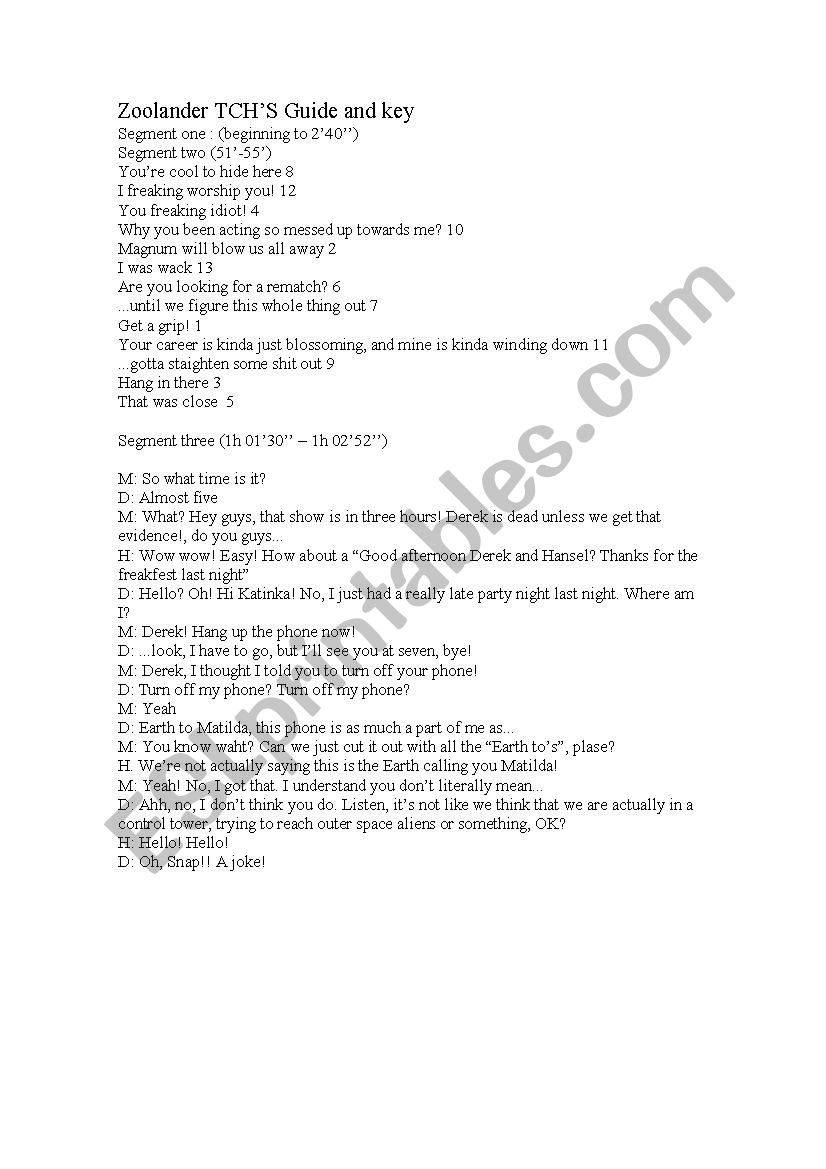Zoolander teacherÂ´s guide worksheet