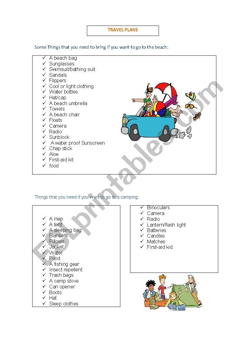 Travel Plans worksheet