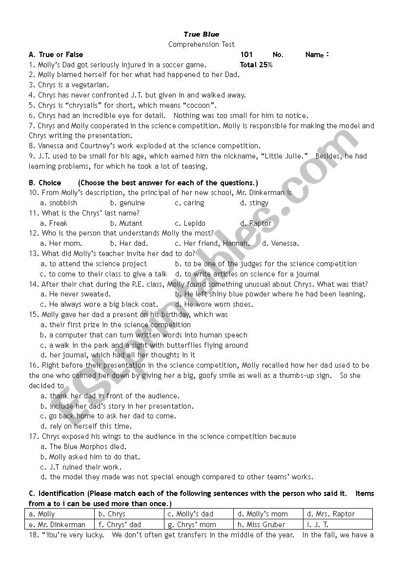 an ESL quiz and questions for discussion for YA fiction, 
