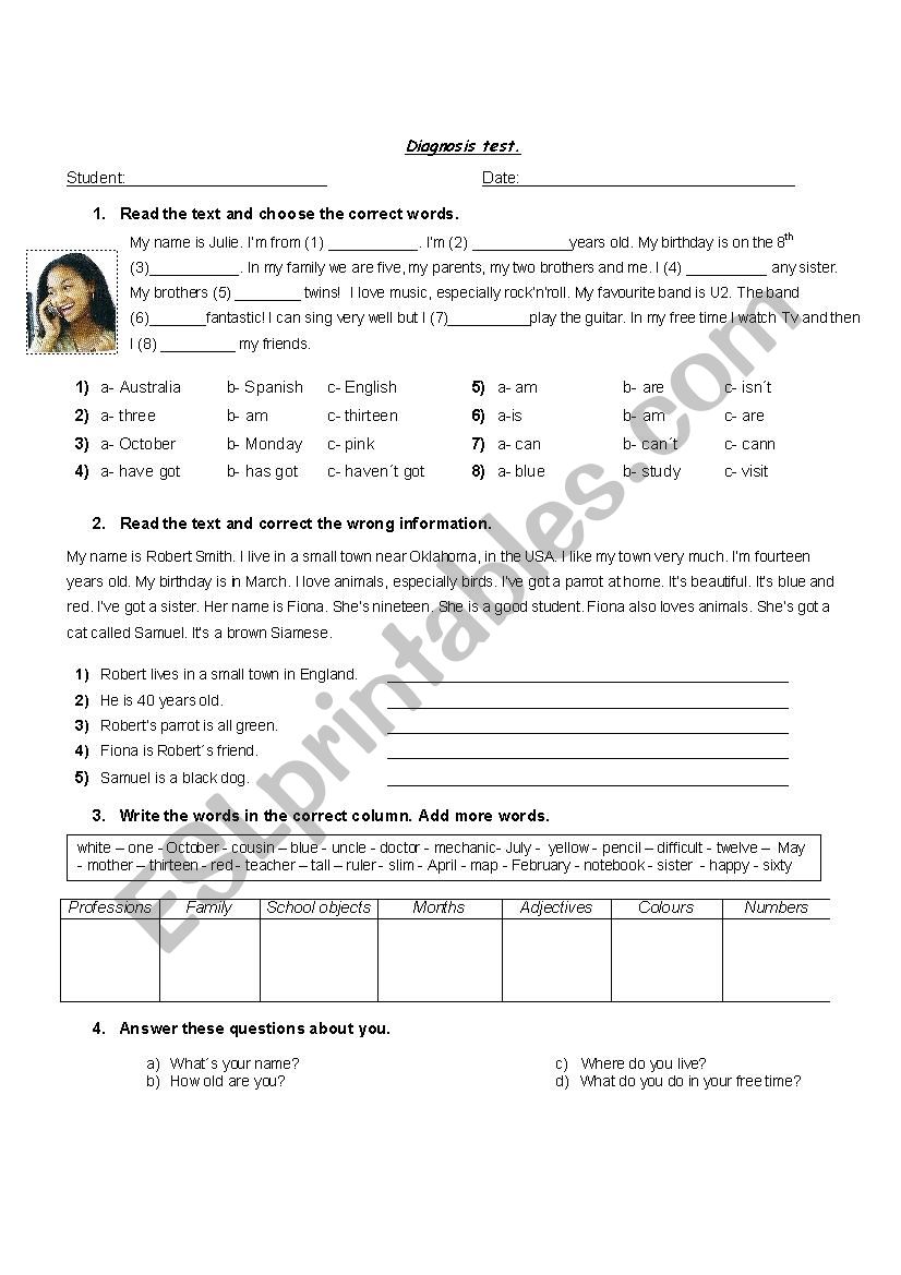 Diagnosis test worksheet