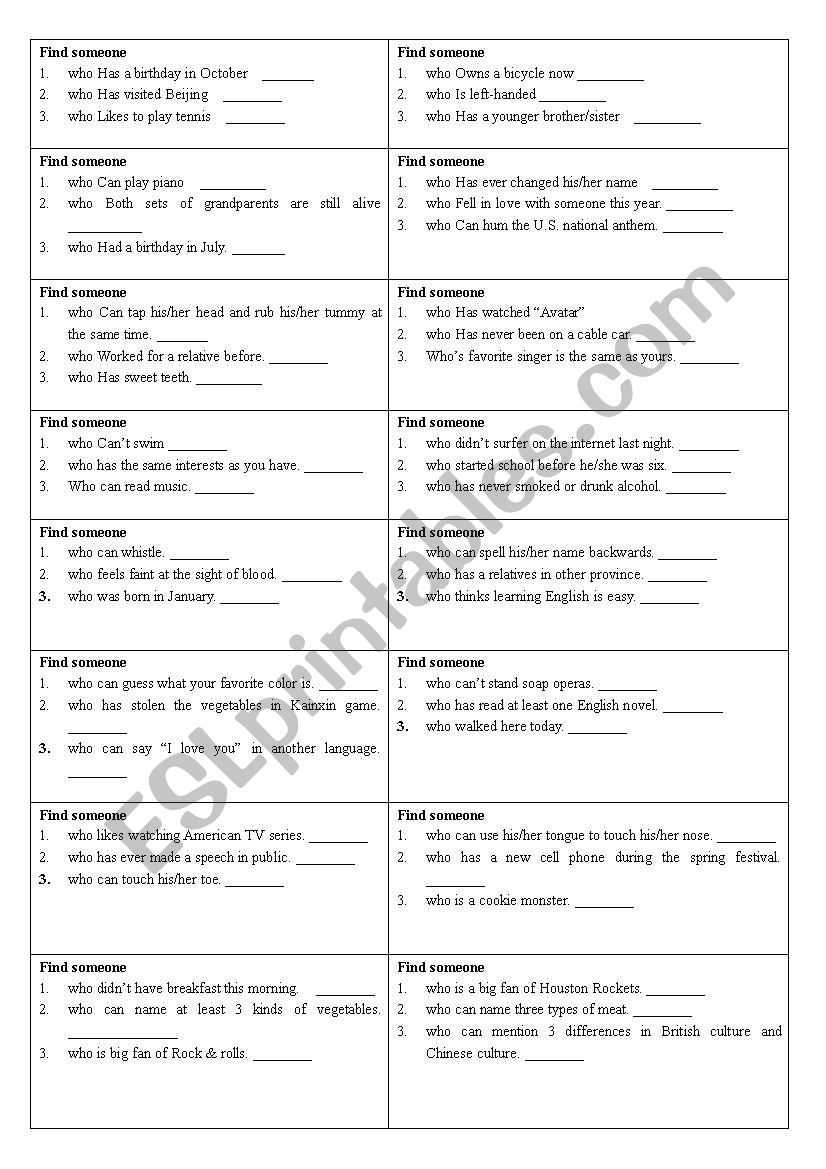 warm up-find someone who... worksheet